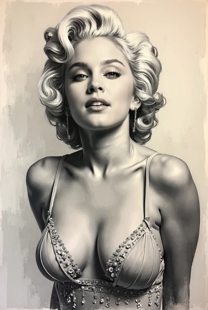 A delicate, oil painting picture portrays, a nude beautiful woman, Marilyn Monroe look, big firm breasts, standing bare feet without background, her features rendered in subtle shading and precise lines. The framing is tight, focusing attention on the subject's serene face. Soft, feathery strokes convey the gentle texture of her short hair,