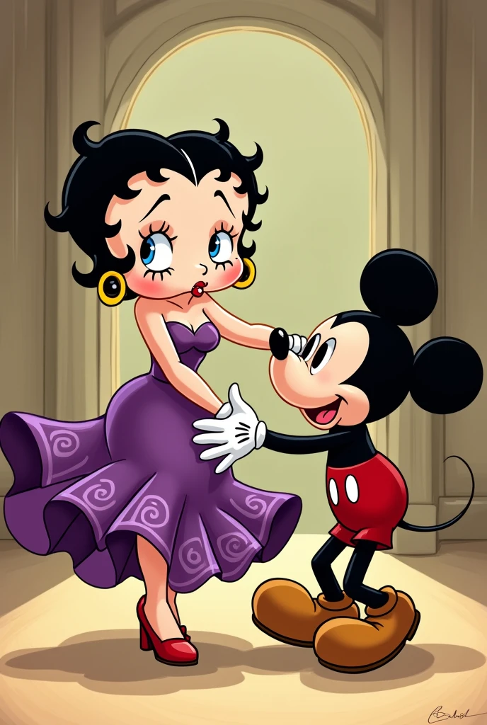 Furry, Minnie Mouse, shortstack, short stature, slightly blushed, disney cartoon artstyle, yellow heels, white spots on dress, red dress, black body, black body, vaginal sex, human penis, huge penis, size difference, lifting his dress, being penetrated by a human,