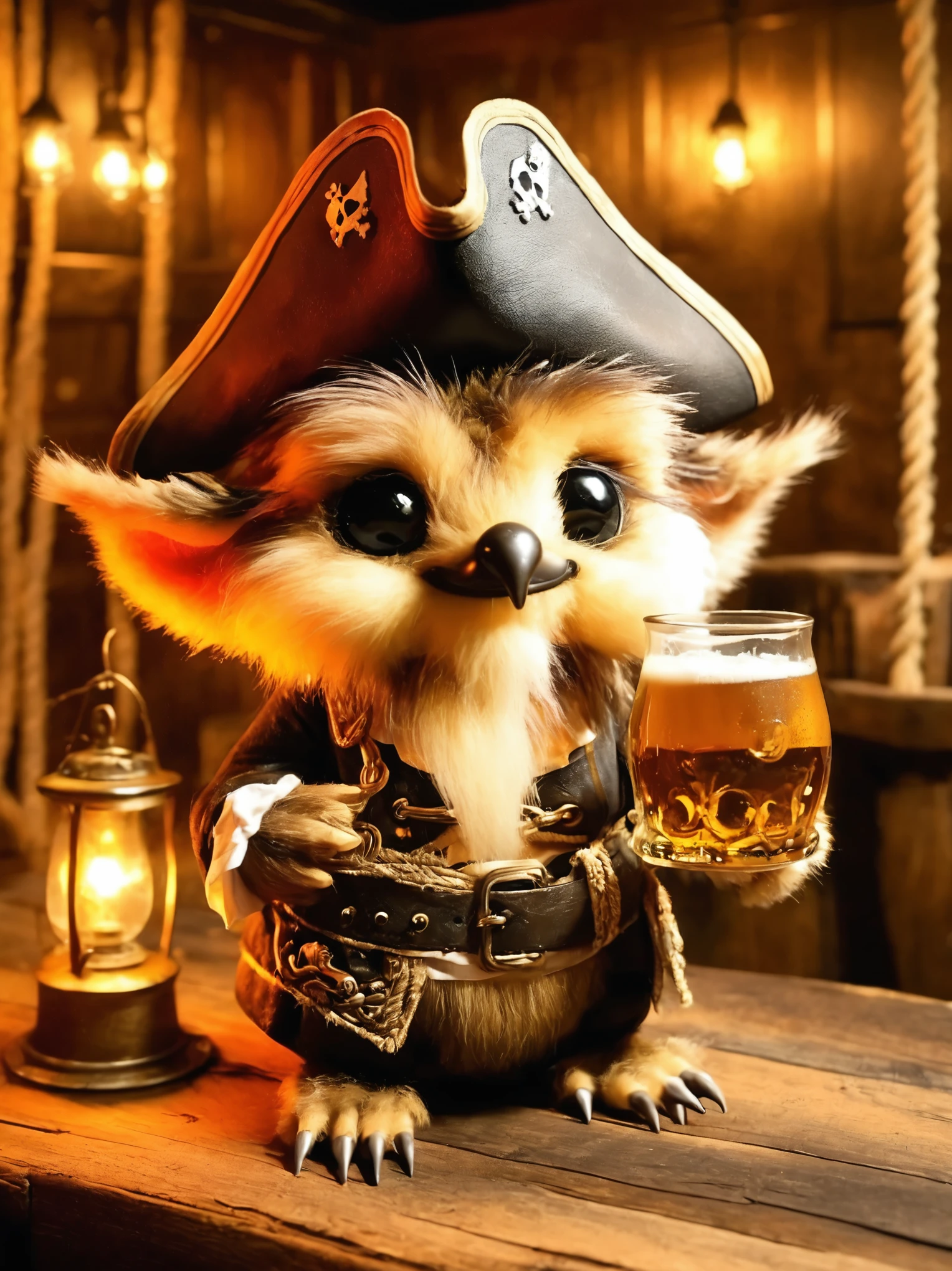 fur pirate, I&#39;m drinking beer, holding a beer mug, At the bar, Pirate Bar, Pirate-themed bar, Dim Light, Candlelight, Rotten, old, wood 