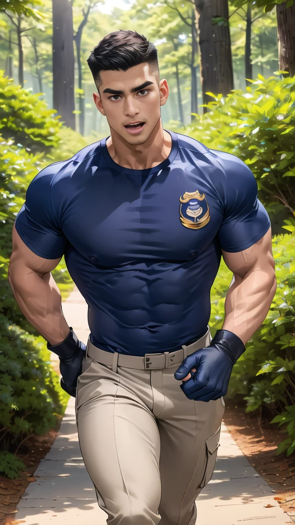 หนุ่มหล่อยิ้มopen mouth, (Thin mustache:0.8), alone,(Buzz cut:1.1), (navy blue tight-fitting round neck short sleeve T-shirt:1.3),(Police badge:1.1),navy blue cargo pants,(navy_gloves:1.3) ,chest muscles,large arm muscles,blood vessel,big muscles,Broad shoulders,open mouth, (short hair:1.2), (Walking in the middle of the forest:1.3)