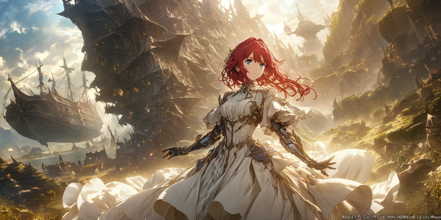 organic cyborg, White plastic, Soft lighting, Fantasy, Elaborate, elegant, Advanced Details, Art by Yoshitaka Amano、Anime girl looking at the sky、Red hair、dress、Big airship in the background, グランブルーFantasy, Casciato krenz key art feminine, Official Art, Violet Evergarden, Official Artwork, A young woman depicted in anime visuals, Casciato, By Yoshihiko Wada, high detailed Official Artwork, By Akihiko Yoshida, 2. 5 d cgi アニメ Fantasy アートワーク