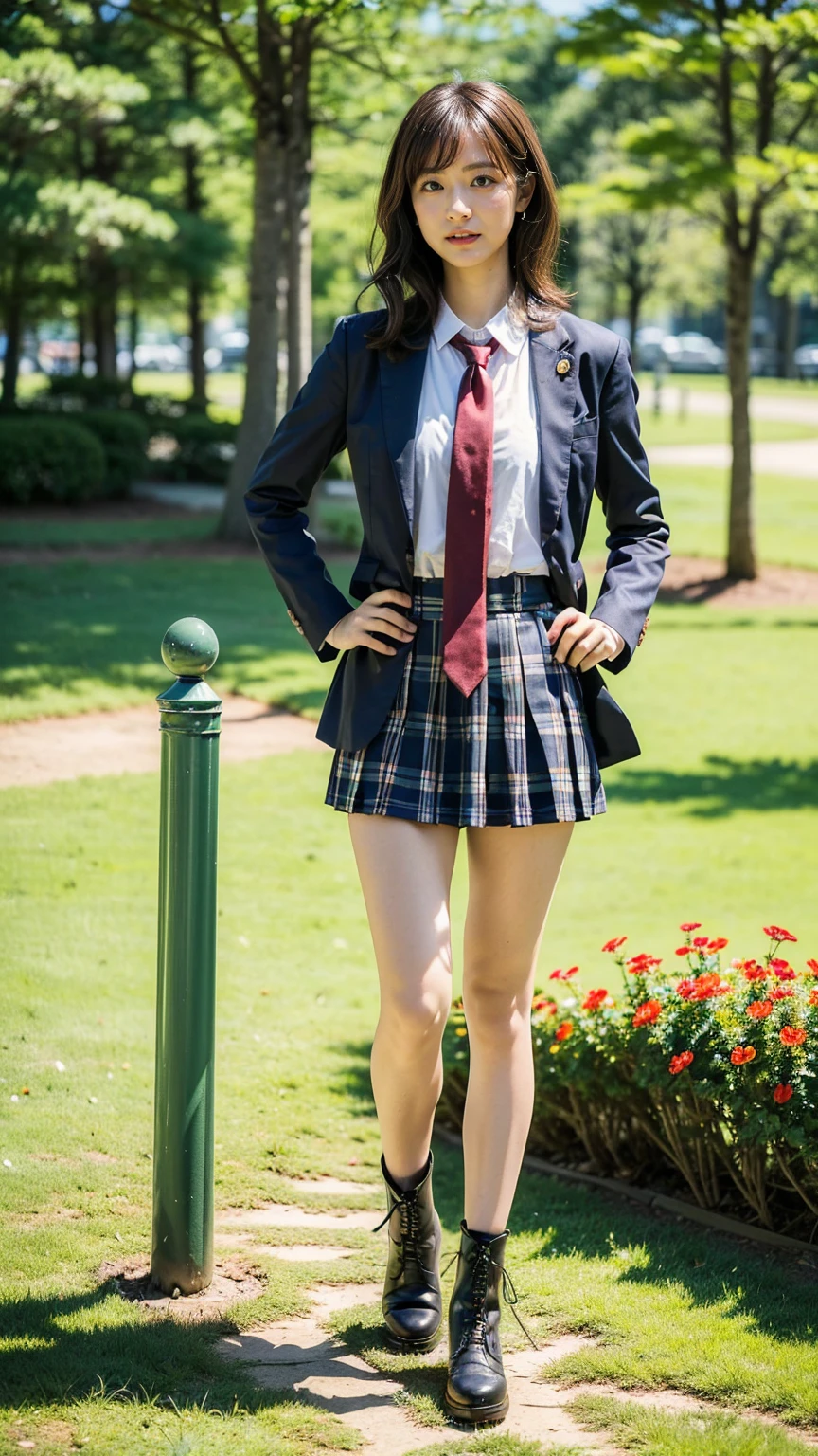 (8k、RAW Photos、Highest quality、masterpiece:1.2)、(Realistic、Realistic)、1 person、((blazer、Schoolgirl uniform、shirt、tie、チェックmini skirt、Medium Hair、mini skirt、Thin legs、boots、View from the front、Looking into the camera、garden、Stand with hands on hips))、cute