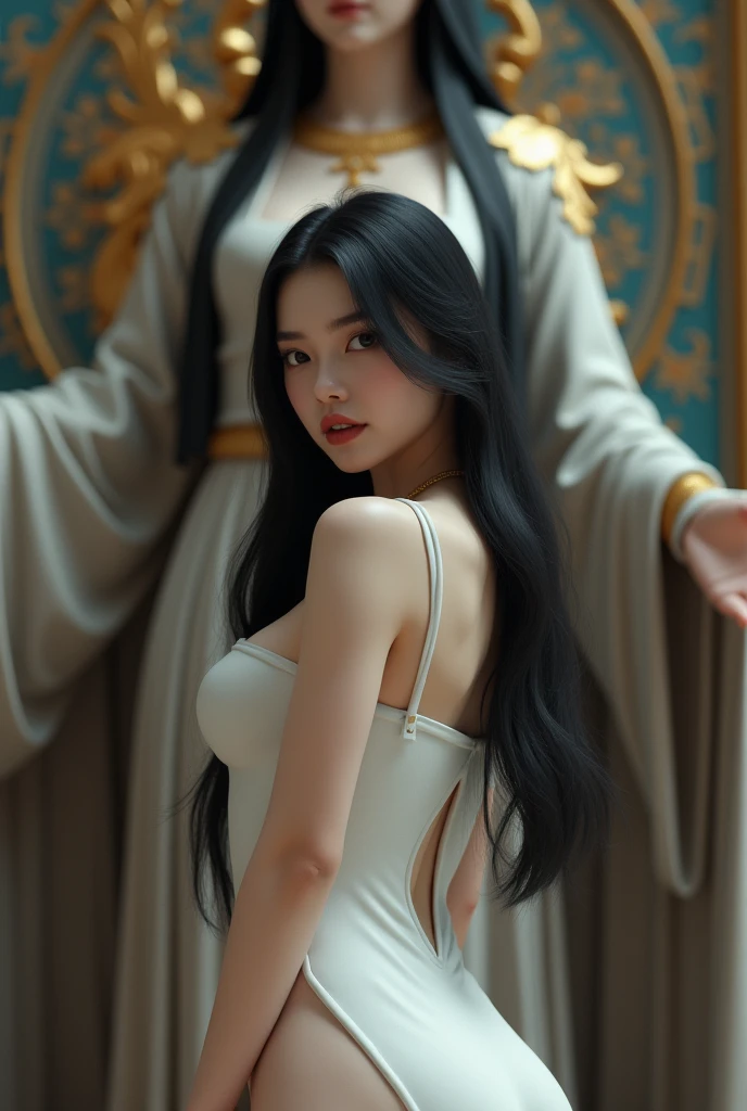Model woman posing, Very beautiful 20 year old woman, The background is a room in the museum, Very long hair, Revealing clothing, Gradient Eyes, makeup, Cinematic lighting, , One-person viewpoint, canon, nffsw, retinas, masutepiece, ccurate, Anatomically correct, Textured skin, Super Detail, high details, High quality, awardwinning, Best Quality, hight resolution, 1080p, hard disk, 4K, 8K, 16 K