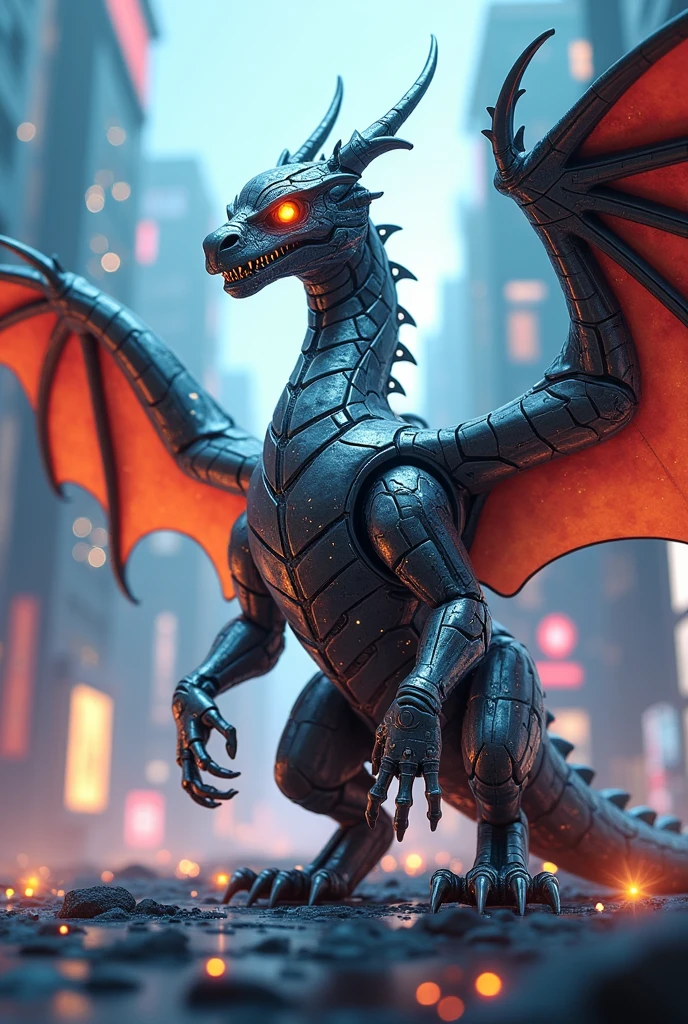 A majestic dragon in HD Quality and ultra-realistic detail, soaring between skyscrapers in a bustling city. Its fiery breath reflects off the neon lights of the urban landscape."