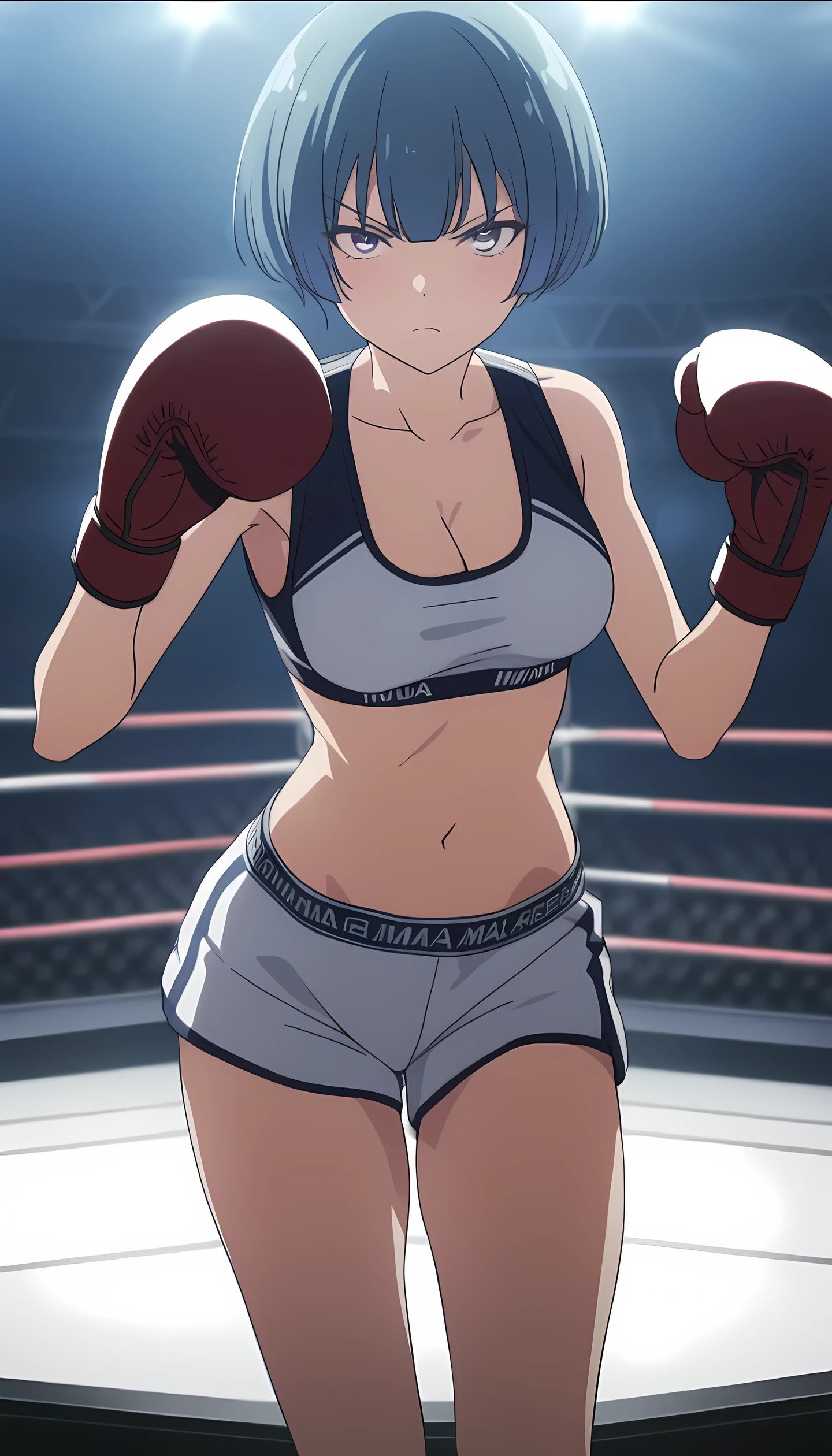 ibuki, 1girl, short hair, bangs, blue hair, purple eyes, midium breast, masterpiece, best quality, (wearing sexy sports wear:1.5, boxing gloves, bare thigh, navel,cleavage), (on MMA Arena :1.5), serious, Toned stomach, looking at viewer,stage lighting, anime screencap,Ultra HD,Detailed eyes,Detailed face, upper body shot, fighting,