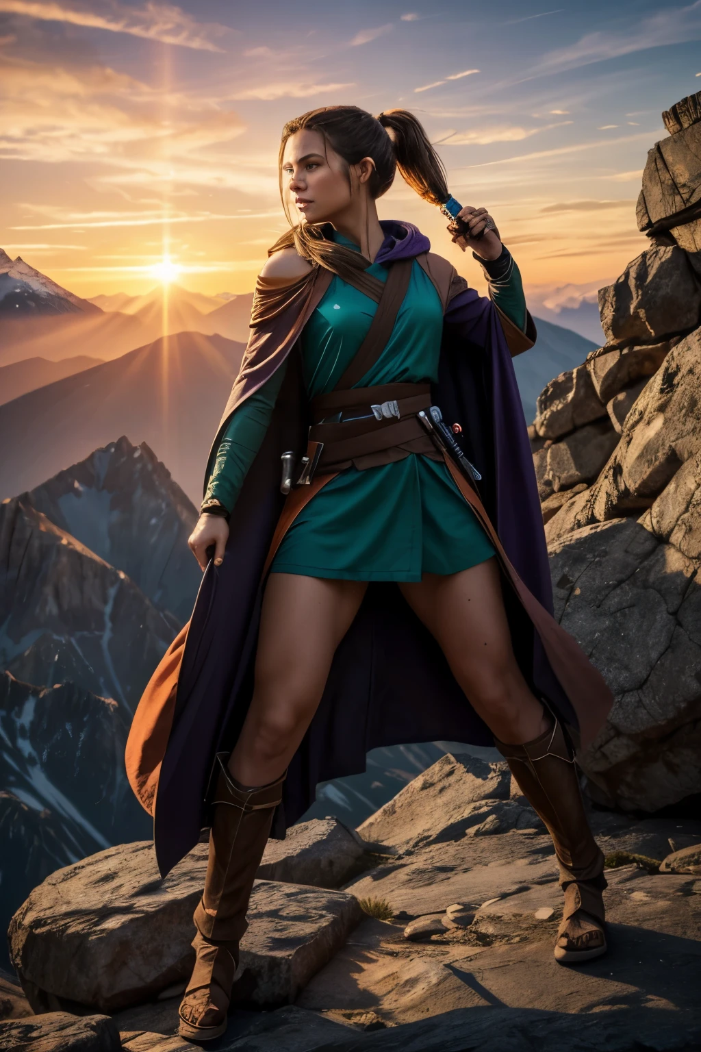 Fullbody profile view of Medieval fantasy hooded woman head tilted upwards looking high up in the sky holding book with both hands, looking left, drawing on paper, with green hood, short brown hair, green top bra, green loin cloth, brown cape, standing and drawing sunset coast, sunset light