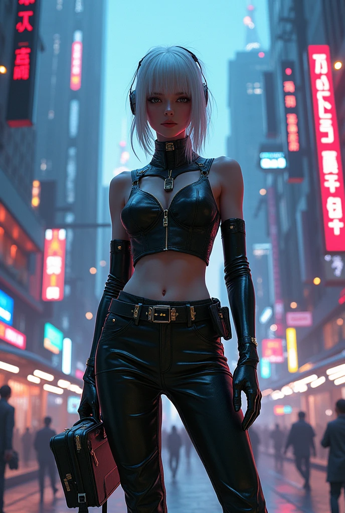 Sexy white girl, age 30 , bimbo, Giant tits:1.5, Saggy boobs:1.5, oppai, slim waist, Big ass:1.4, muscular abs:1.1, seductive, short light white hair, beautiful triangle face, wear a sexy ninja shiny leather battle suit, with underboob cut long sleeve, arousing nipples:1.3, pose drop off her breasts, 3d real cartoon style, masterpiece:1.2, 16k quality:1.0, highest quality.