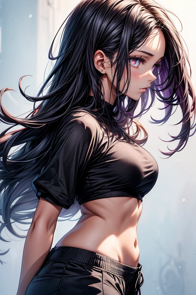 (Masterpiece), (High Quality), (1 girl), (teengear), (long hair, flowing black), (simple tank top), (plain white background), (medium breasts), (close-up shot), (deep focus), (dramatic lighting), (realistic skin texture), (subtle contouring), (whispered expression), (sultry gaze), (edgy attitude), (bold makeup: dark eyeliner, glossy lips), (Captured Moment: Suspense or contemplation)