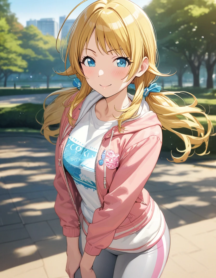 (masterpiece),(Highest quality),(Very detailed),(Best illustrations),(Best Shadow),(Absurd),(Detailed Background),(so beautiful), 
Official Style,

Meguru Hachimiya, blonde hair, long hair, Blue eyes,

the idolmaster shiny colors,
low twintail,
chest,
blush,
smile,
wince,

Leggings,

alone,
Japan,
park,
桜,
Background Blur, 
focus on face,
realistic skin,
cowboy shot,