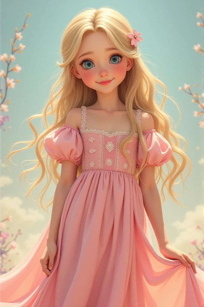 a 13 year old blonde girl in a pink princess dress with sparkly details in a bedroom sitting on the bed