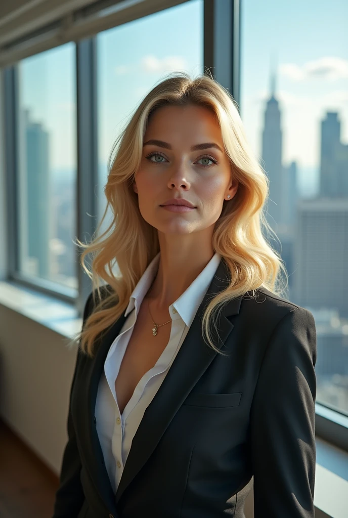 beautiful American girl  American heritage , full body view , with big breasts , green  eyes and blonde  hair standing near her office desk ,  in a short tight business dress, and a tight business shirt ,  and, photo from front , showing her body , ultra High resolution, (fotorrealista: 1.4), High resolution , (finely detailed skin), (brown  eyes), (perfect proportions) (Realistic photos) (masterpiece) (fotorrealista), ultrarealistic (Best Quality) (detailed) photographed with a Canon EOS R5, 50mm lens, f/2.8, (8k) (Wallpaper) (cinematic lighting) (dramatic lighting) (complex) fashion
