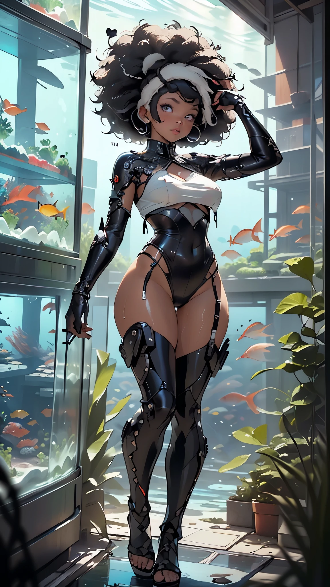 girl steampunk,(((1girl))),((cute and beautiful afro haired girl)),((((black race)))),

(large breasts:1.4),saggy breasts,((((black afro hair:1.35,((afro hair:1.35)),afrohair,afro:1.35,dark hair,black hair,)))),medium hair,((heterochromia:1.5, (yellow_eye and red_eye))),intricate eyes,beautiful detailed eyes,symmetrical eyes,((fat)),((((tan,dark skin,black skin:1.35,dark-skinned_female,dark skin:1.3,ebony skin,lustrous skin:1.5,bright skin: 1.5,shiny skin,very shiny skin,shiny body,illuminated skin)))),(spider lower abdomen,narrow waist,wide hip,athletic body,inflated legs, thick thighs),((detailed face)),

cute,slutty,sensual,seductive look,seductive,erotic,enchanting,((nsfw)),

zettai ryouiki,revealing clothing,show skin,(wearing a mechanical steam body armor:1.3,micro armor bikini,bare legs,an armored arm),(((wet clothes,intricate outfit,intricate clothes))),

(dynamic pose:1.0),solo focus,embarrassed,(centered,scale to fit dimensions,Rule of thirds),

((factory with solar panels, glass domes, white rooms and glass roofs showing that they are under the ocean)),scenery:1.25,((intricate scenery)),((((Aquarium in the background)))),

(Glossy steampunk ornaments),highres,sharp focus,(ultra detailed,extremely detailed),(photorealistic artwork:1.37),(extremely detailed CG unity 8k wallpaper),(((vibrant colors,vibrant theme))),(intricate),(masterpiece),(best quality),artistic photography,(photography taken by sldr),(intricate background),perfect rendered face,perfect face details,realistic face,photo realistic,((intricate detail)),(((realism))),
