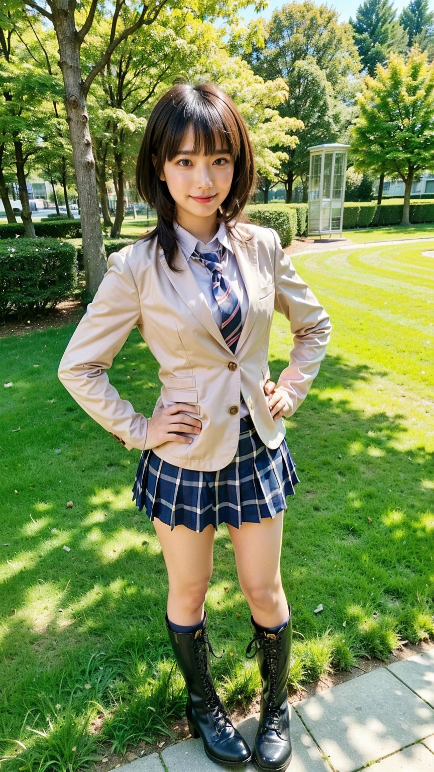 (8k、RAW Photos、Highest quality、masterpiece:1.2)、(Realistic、Realistic)、1 person、((blazer、Schoolgirl uniform、shirt、tie、チェックmini skirt、Medium Hair、mini skirt、Thin legs、boots、View from the front、Looking into the camera、garden、Stand with hands on hips))、cute