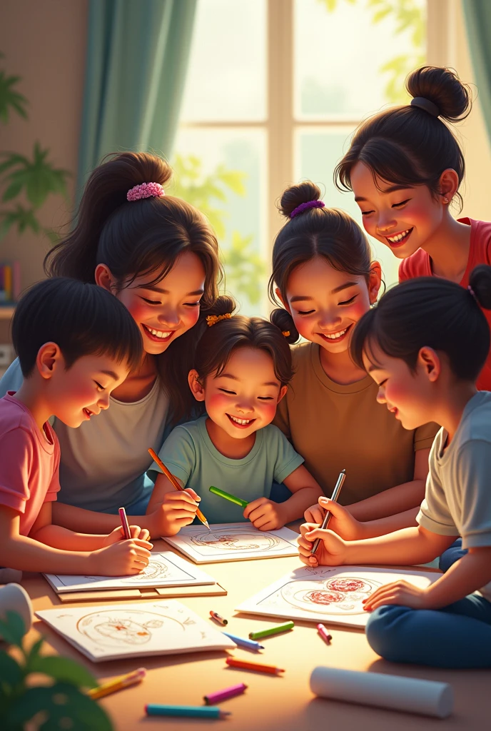 Create an image of two girls taking care of children