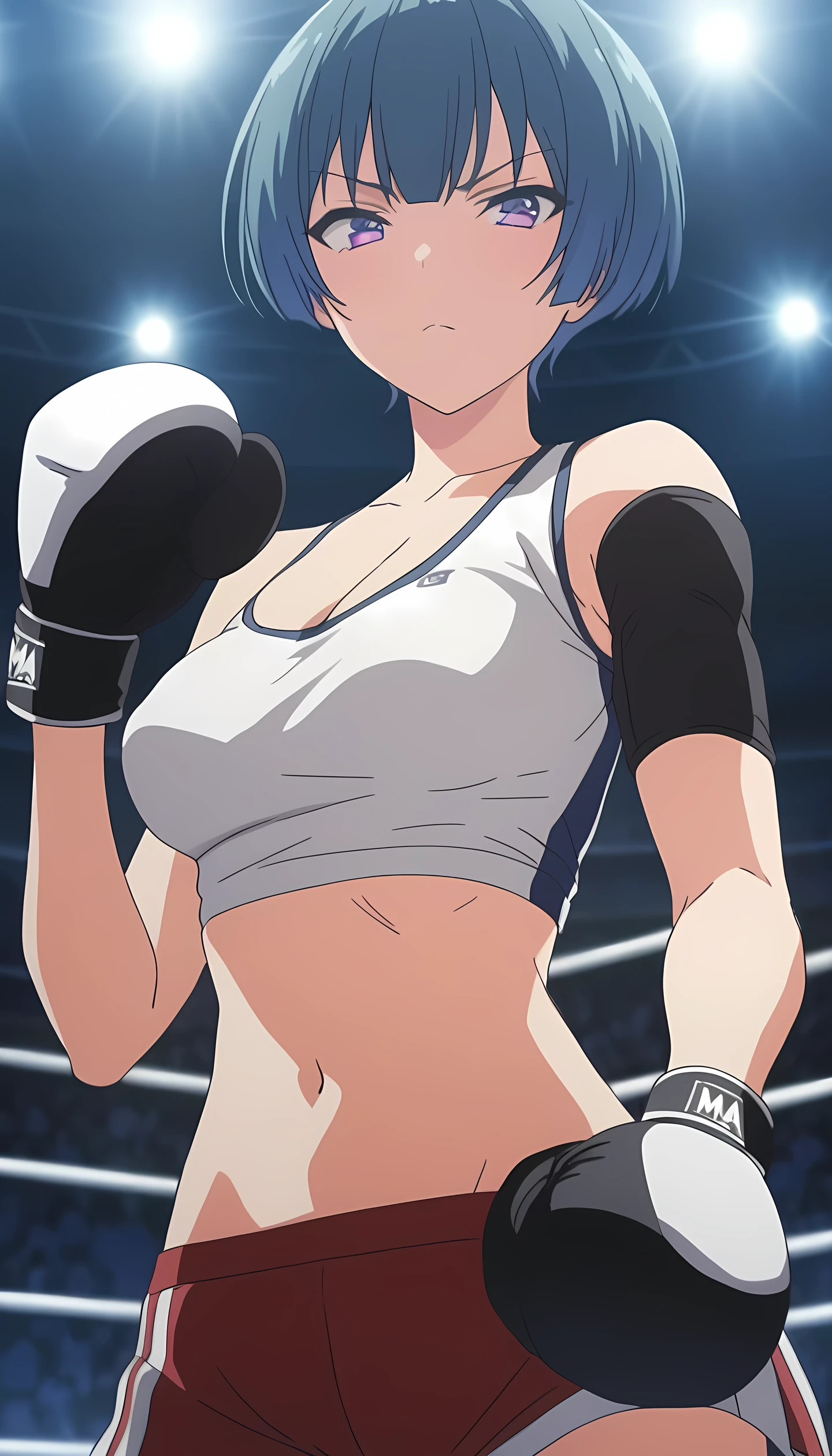 ibuki, 1girl, short hair, bangs, blue hair, purple eyes, midium breast, masterpiece, best quality, (wearing sexy sports wear:1.5, boxing gloves, bare thigh, navel,cleavage), (on MMA Arena :1.5), serious, Toned stomach, looking at viewer,stage lighting, anime screencap,Ultra HD,Detailed eyes,Detailed face, upper body shot, fighting,