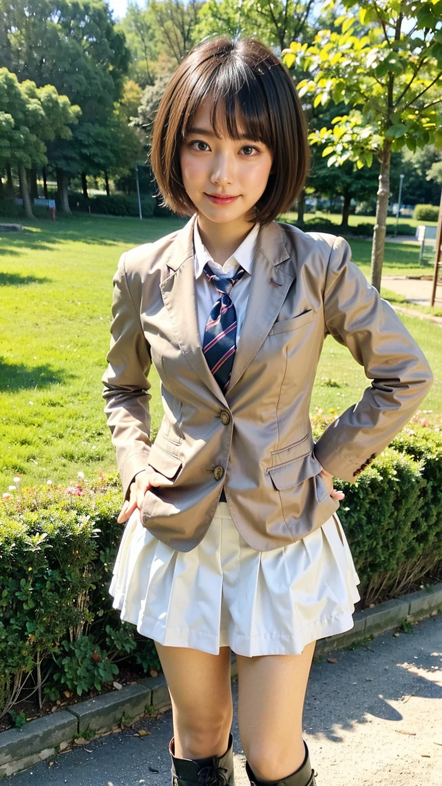 (8k、RAW Photos、Highest quality、masterpiece:1.2)、(Realistic、Realistic)、1 person、((blazer、Schoolgirl uniform、shirt、tie、チェックmini skirt、Medium Hair、mini skirt、Thin legs、boots、View from the front、Looking into the camera、garden、Stand with hands on hips))、cute