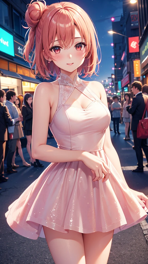 1girl, solo, masterpiece, best quality, high res, highly detailed, illustration, game cg, beatiful detailed eyes, yuigahama yui, single hair bun, glossy lips, light makeup, blush, slight smile, medium breasts, city street, short dress, prom dress, night, neon lights, red carpet, crowd