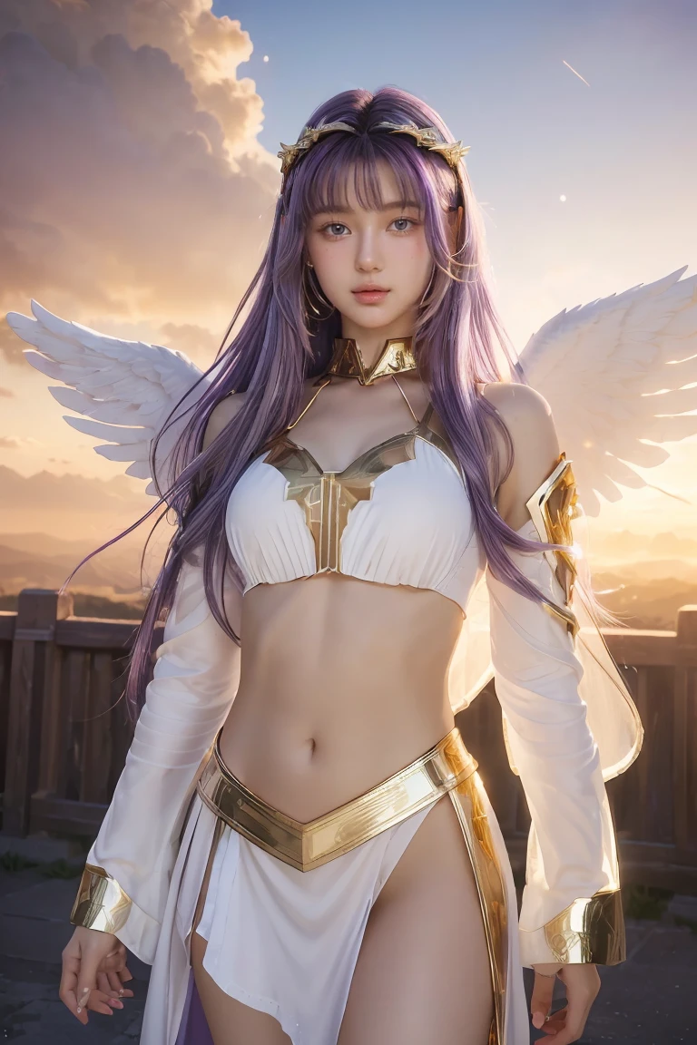 ((masterpiece, best quality, extremely detailed), volumetric lighting, ambient occlusion, colorful, glowing), 
1girl, solo, young girl, (purple hair), long hair, halo, aura, sacred, goddess, cleric suit, (white outfit with gold detailst:1.3), angel wings,
outdoors, sunset, sky, clouds, space, (fantasy theme:1.2),