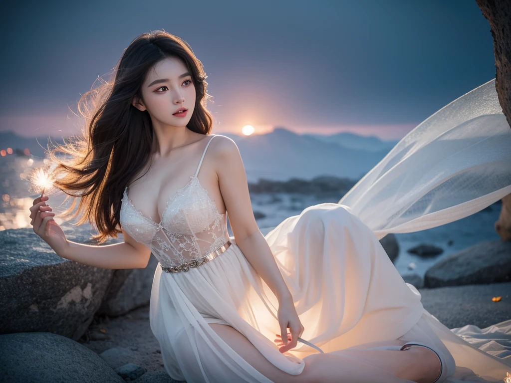 (full bodyesbian:1.5)，(1girll:1.3),(view the viewer:1.4)，(anatomy correct:1.4),(Sit on top of the hill:1.2),(Wearing a dress:1.2),(Accurate and perfect face:1.3),(Long legs:1.3),hyper HD, Ray traching, reflective light， structurally correct, Award-Awarded, High detail, Fade-in and fade-out shadow contrast, Face lighting ，Cinematic lighting, Masterpiece, super detailing, High quality, High detail, Best quality, 16k，High contrast,