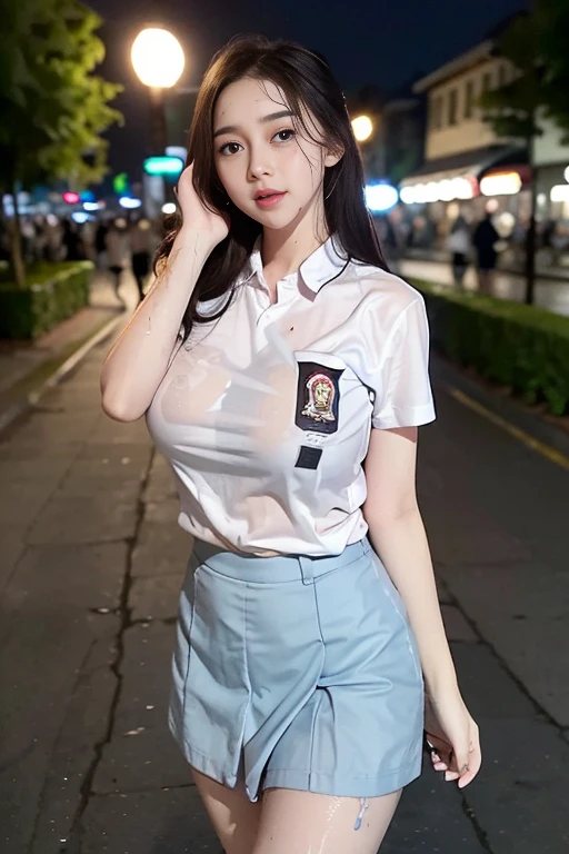 A beauty woman model standing as a student in a sidewalk, (background of city atmosphere at night:1.7), (big breasts:1.2), (facial sweat:1.7) with a sexy and attractive body. Sweaty skin, shiny skin, oily skin, light reflection (oily skin effect), excess oil all over the skin, She is wearing a cosplay-style transparent dress uniform, consisting of a blue grey mini skirt and a white panty that is dropped slightly. Wet skirt. The model is in a sensual and alluring pose, with her legs slightly open. Her expression is a captivating frown. The image is enhanced with vivid colors and a bokeh effect to create a visually stunning artwork. Close-up shot, shot from below side, angel from bottom to top.