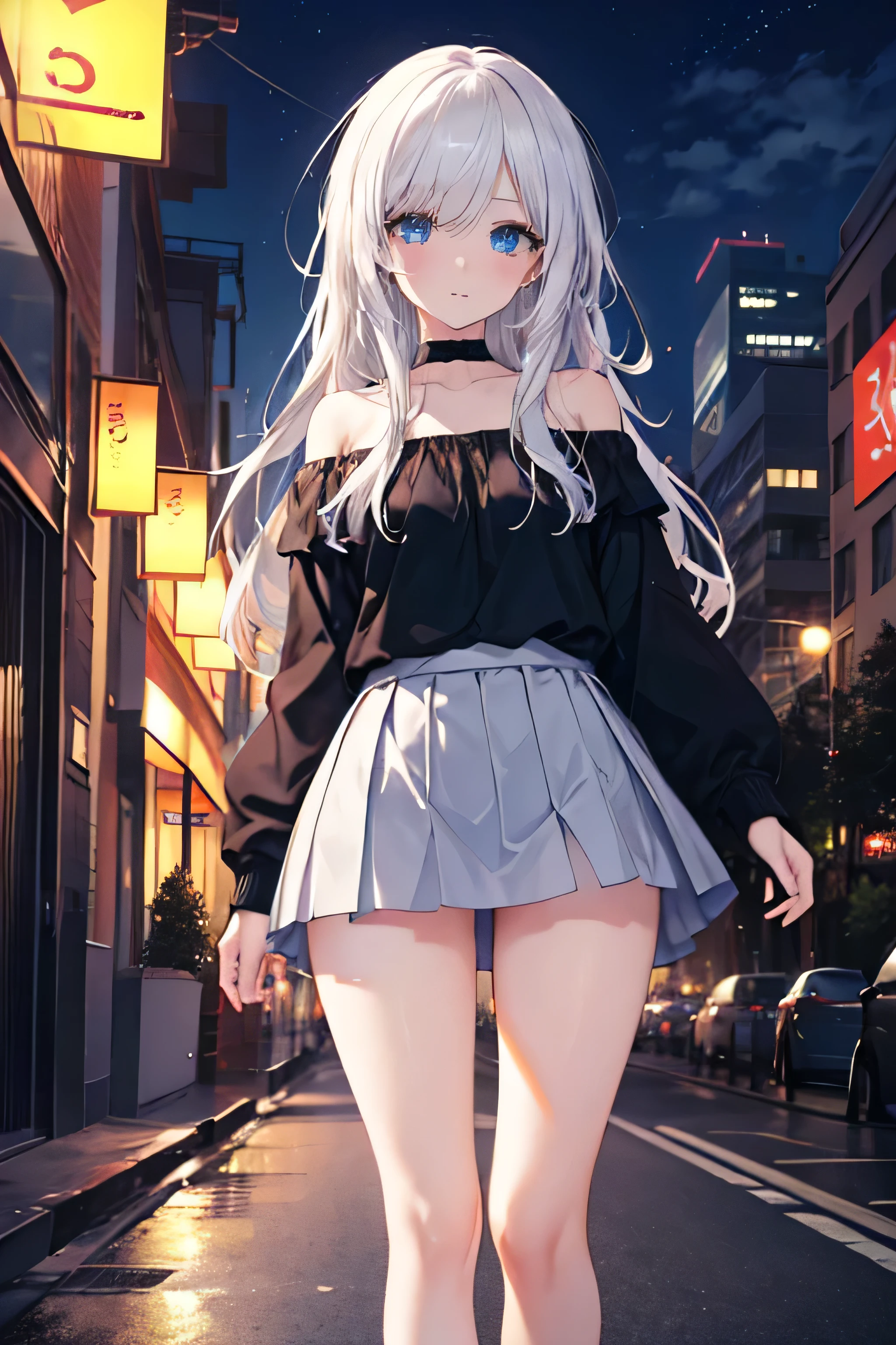 (masterpiece), (best quality), (highest Quality), (Ultra detailed), (highest Resolution), 8K, High definition RAW color art, holographic, anime style, beautiful face, ((ultra detailed face)), (deep blue eyes:1.2), bishoujo, beautiful and detailed eyes, looking at viewer, a ager lady, bare legs, office wear, (short skirt:1.4), white skirt, black blouse, (bare legs:1.2), sleeveless, (off shoulder:1.4), off shoulder, (white hair:1.2), (long hair:1.2), silky Touch, walking, street, urban, night