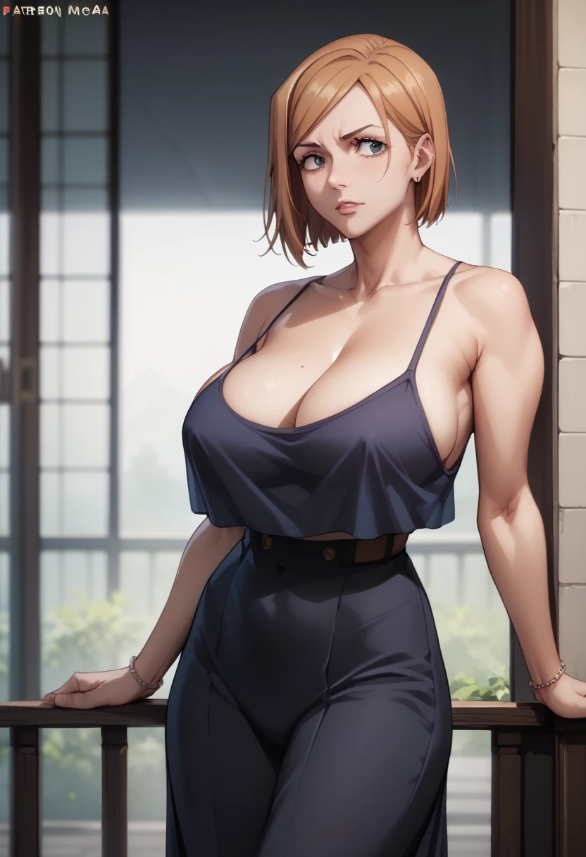 Huge breasts、Kugisaki Nobara XL、
{Highest quality}, {Very beautiful}, {Very detailed}, {The best illustrations},Life、slim:1.5、Camisole long maxi dress(tight)、Standing