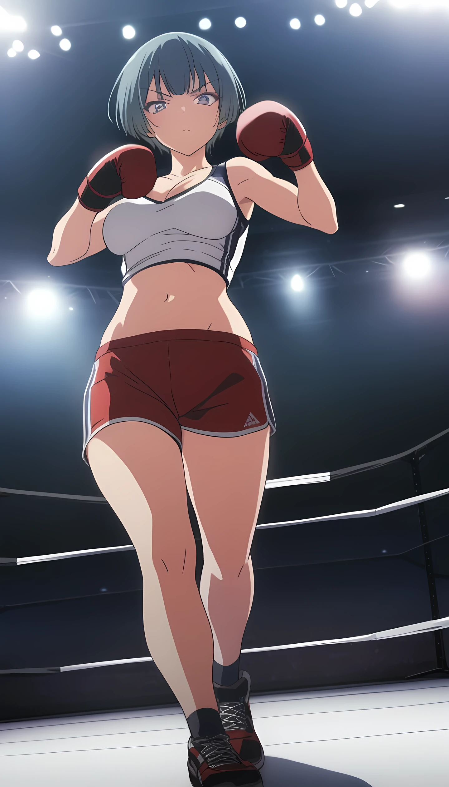 ibuki, 1girl, short hair, bangs, blue hair, purple eyes, midium breast, masterpiece, best quality, (wearing sexy sports wear:1.5, boxing gloves, bare thigh, navel,cleavage), (on MMA Arena :1.5), serious, Toned stomach, looking at viewer,stage lighting, anime screencap,Ultra HD,Detailed eyes,Detailed face, full body shot, fighting, from below,