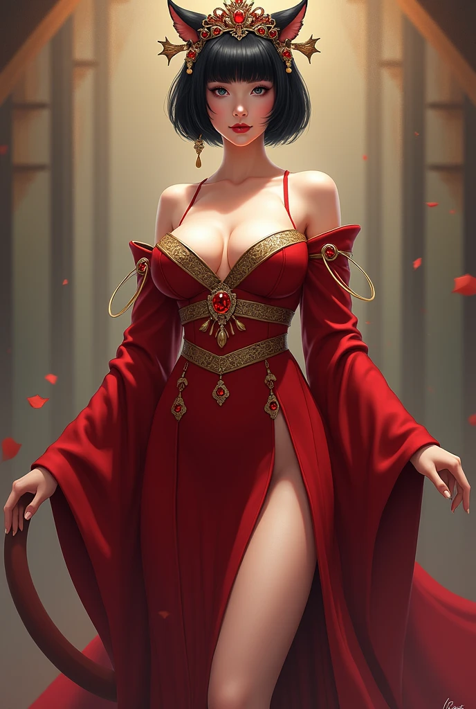 a  portrait of a babe temptress , vampire, elegant evening dress, perfect face, pretty face, glowing blue eyes, crimson hair, Hi-top fade, very short hair, full body shot