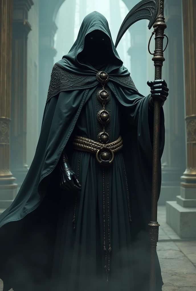 (photorealism:1.2), necromancer, war scythe holding on right hand on shoulder, black ancient greek mantle, hooded, black glowing eyes, laughing,  mæandere in the mantle