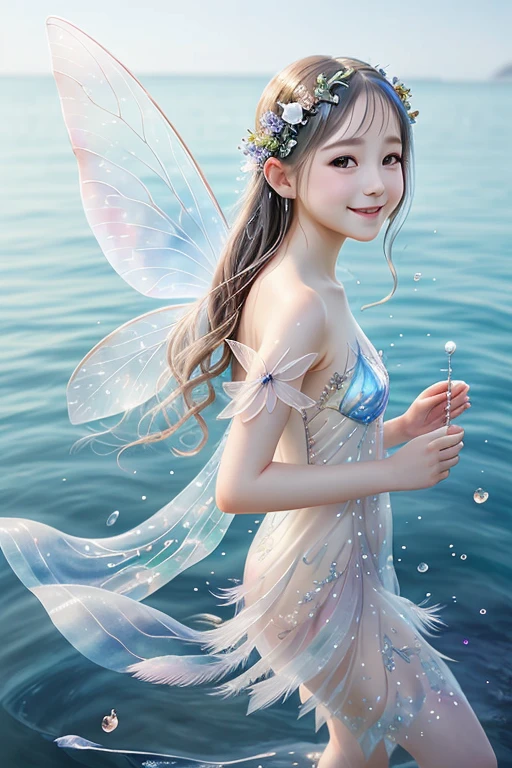 Beautiful fairy with a sense of transparency、Beautiful sparkling ocean、Transparent feathers、smile gently、Summer background、Gentle and transparent fairy、sunset