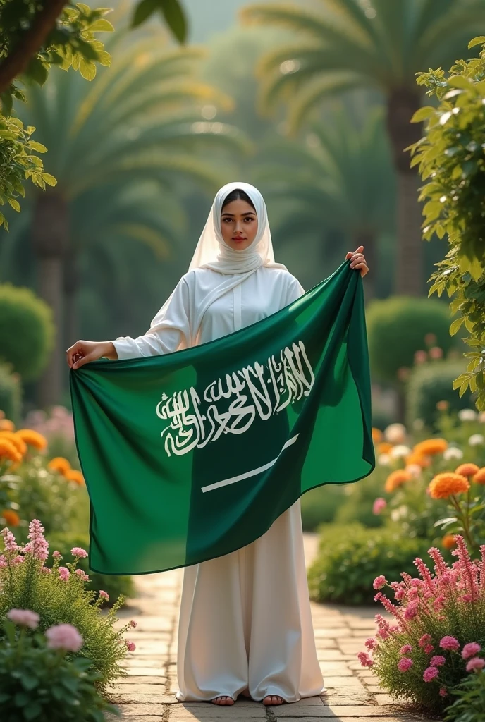 Image of a real woman, Muslim woman with a nice background and the flag of Venezuela in her hands