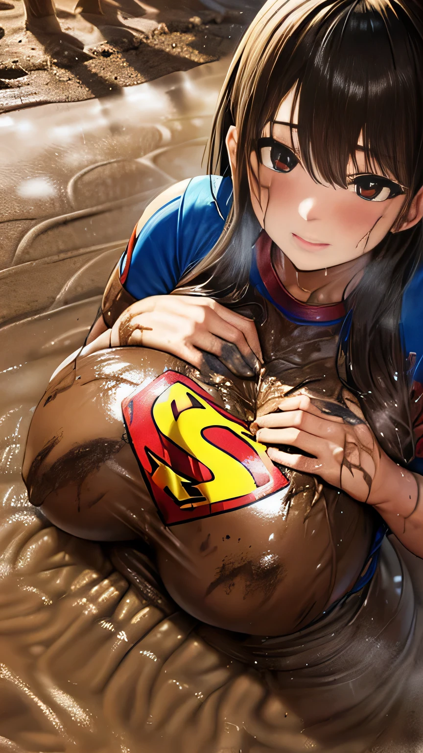 (Skintight blue superman logo latex t-shirt covered in mud) , Huge  in tight red latex superman t-shirt,  , full body photo, oil soaked jeans, ((clothes soaked in muddy mess)), laying down rolling around in muddy quicksand, dirty clothes, ((smearing mud into the logo on her chest with her hands)) 