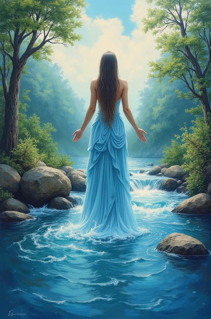 painting , fleeting, ethereal, alluring, sparkling, artistic, mysterious, delicate, complex,  twisted, blonde lady on the shore looking out over a lake of water, cinematic