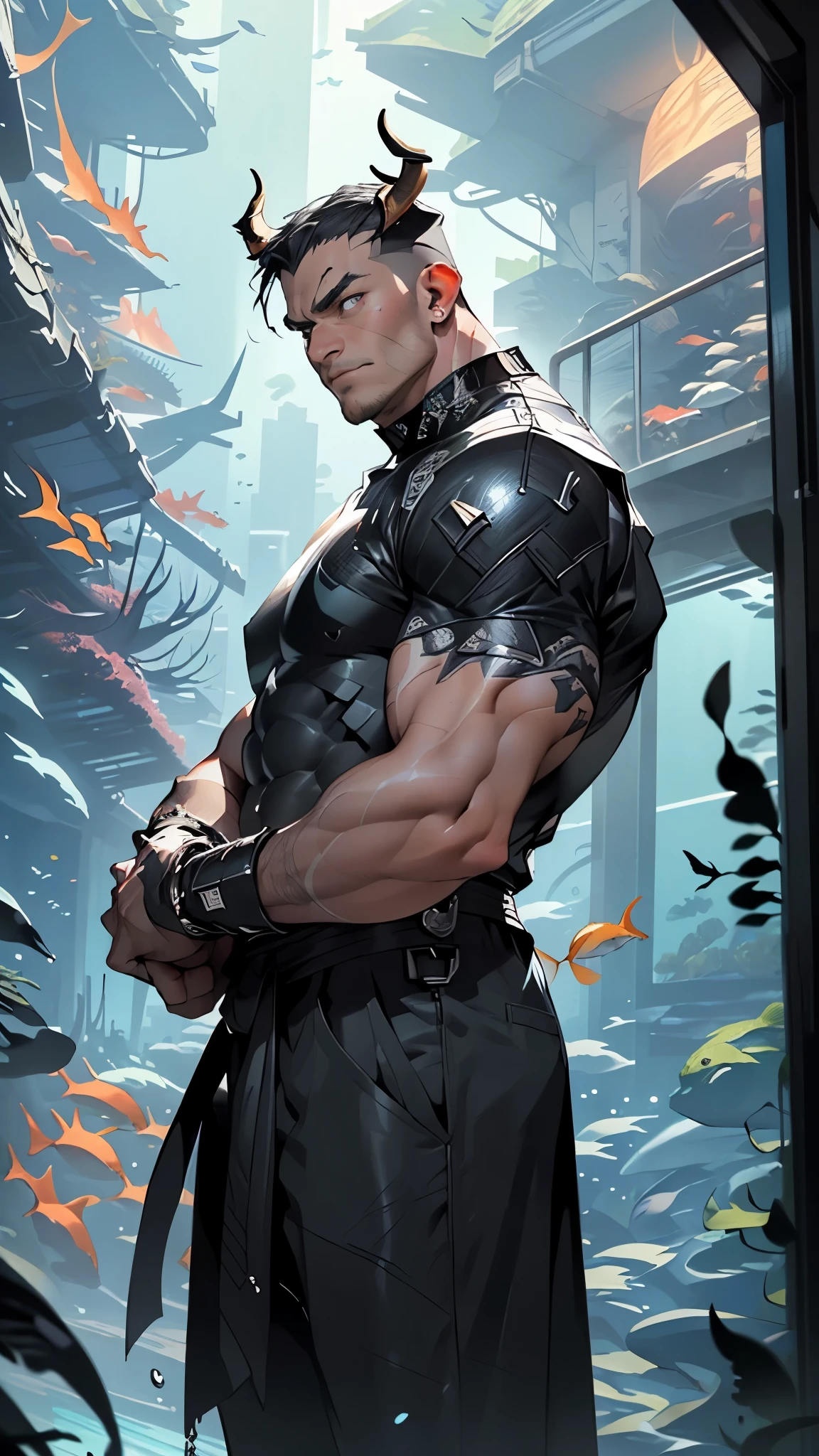 Arad man in black and yellow clothes standing by the sunny sea, muscular male hero, conceptual art like Ernest Khalimov, heroic male pose, muscular! Wearing black sunglasses, round head Buzz Cut, cyberpunk, stealth suit, super buff and cool, high resolution committee, Chris Redfield, Jigachard muscle, Ernest Khalimov body, character design police, black military boots, charismatic strong male with armor