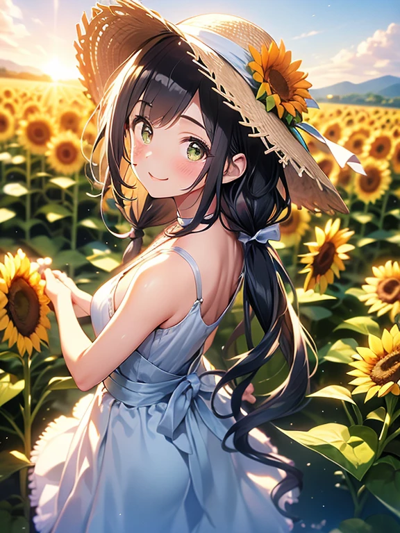 (((masterpiece, Highest quality, High resolution, 超High resolution,High Contrast,High saturation,Detailed Background,Pixel Perfect, Written boundary depth, 4K, RTTX10.0, Human Development Report)))、One person、Very cute girl、（Highly detailed face）、smile、Blushing、Bright Sun、Straw hat、（A white dress with bare shoulders）、Standing、Rear view、Turning around、Cute Sandals、（Sunflower field）