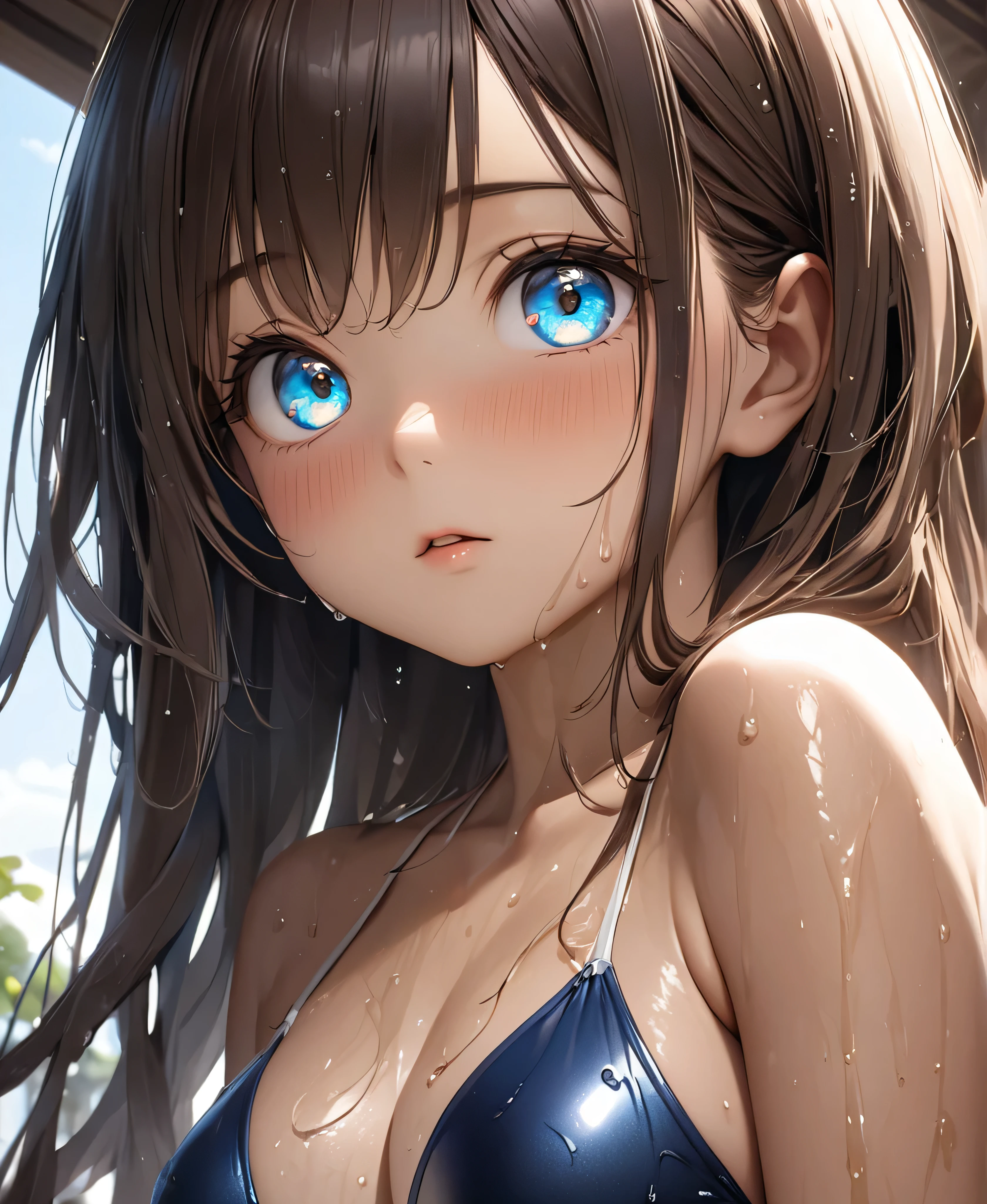 (Tabletop.Highest quality).(Dynamic Angle). (Amazingly detailed CG paintings),(Perfect Image)、Comic Strip.shape.One Girl.Detailed face、Perfect Face.Delicate face、Textured skin、Black Hair.length、(Horse-eared girl)Horse-eared girl、((Beautiful Blue Eyes)).Delicate and beautiful eyes、The eyes are detailed、Reflective Eyes、Watery eye、smile.(Gazing at the audience:1.3).(My face got a little red:0.8)、8k wallpaper、(((Cowboy Shot)))、reflected light、The finest details、Complex、Delicate background、Textured skin、Detailed skin、Swimwear, ((カラフルなSwimwear))