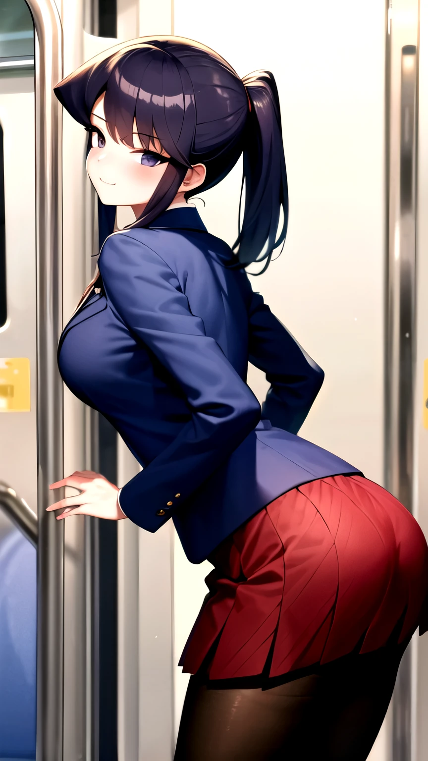 (masterpiece),(best quality:1.4),ultra-detailed,high detailed,high resolution,illustratio,Explicit,Beautiful body,Beautiful Nose,Beautiful character design,perfect eyes,perfect face,wallpaper,ultra highres,4K,photography,Beautiful breasts,beautiful face,beautiful legs, perfect legs,beautiful hips,shiny skin,public hair,cameltoe,anime screencap,anime style,closed clothes,BREAK,1girl,komiShouko,ponytail,wearing pantyhose,school uniform, red skirt, red bow, blazer,white panties,BREAK,blush,smile,in heat,((((standing,open stance,leaning forward,leaning on train's door,arms on train's door,lift up
skirt)))),BREAK,cowboy shot,on the train,(from behind:1.4),forcus hip,show hip,BREAK,1boy,Behind her stands a man,grab her ass from he hand