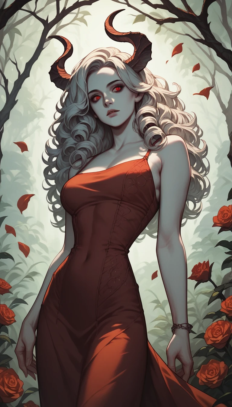 score_9, score_8_up, score_7_up, score_6_up, score_5_up, score_4_up, Alluring girl, ornate red dress, horns, curly white hair, red eyes, pale skin, nature, (outstanding composition), (dark tones)