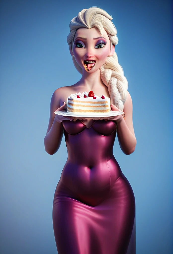 3D,Tall , slim faced Elsa eating a cake,fullbodyimage,wearing a queen dress,literally gained a plump belly,eyes focus,snow storm background,unprominent belly button