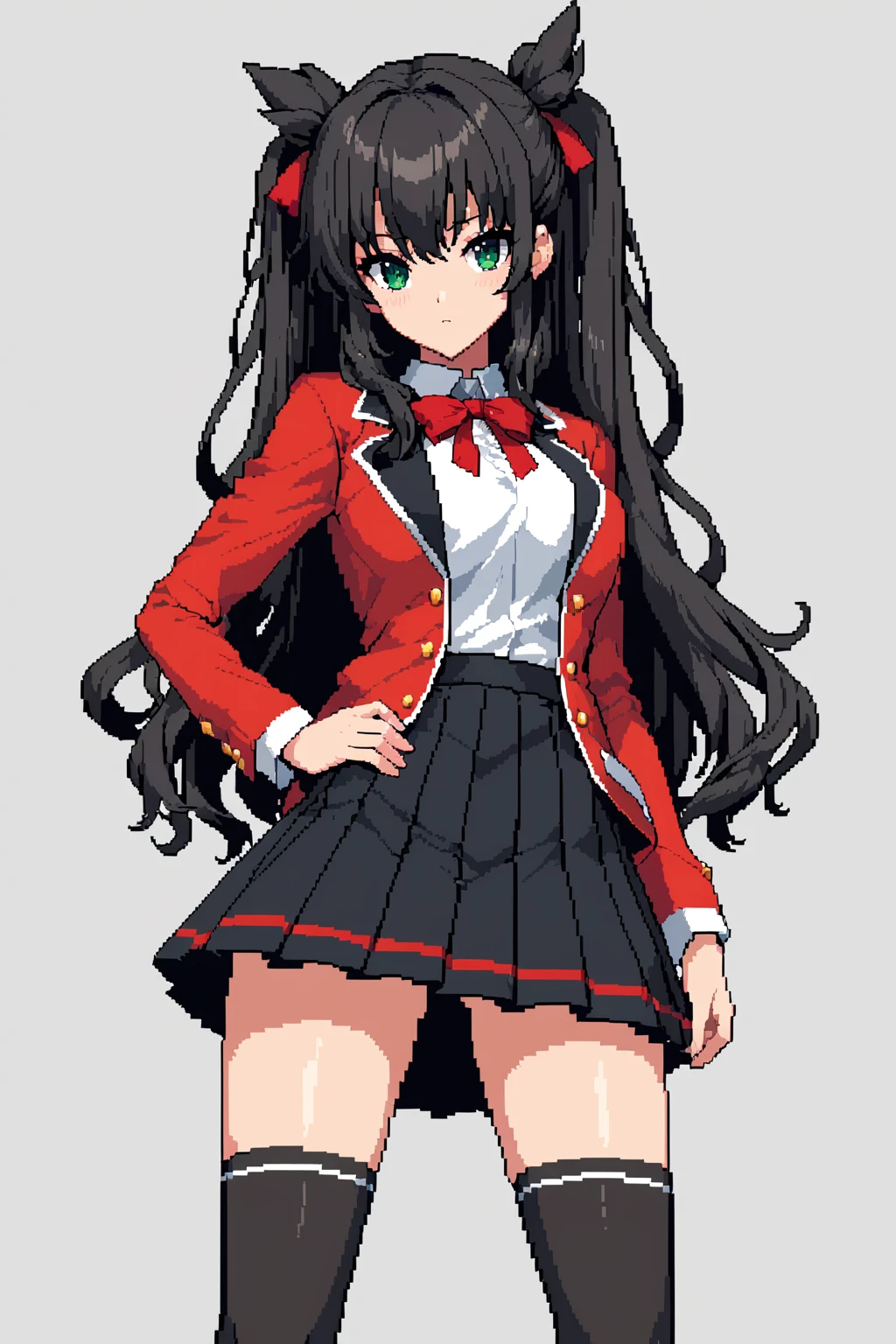 masterpiece, Highest quality, anime, Super detailed, Pixel Art, Tohsaka_Also, One girl, black_hair, black_ribbのsuperior, black_skirt, black_Knee-high socks, green_eye, chest, closure_mouth, from_そのsuperior, hair_ribbのsuperior, hand_のsuperior_Own_Hip, lのsuperiorg_hair, Watching_in_Viewers, miniskirt, pleined_skirt, red_sweiner, ribbのsuperior, skirt, 一人in, sweiner, Knee-high socks, two_side_superior, white_[background、tits