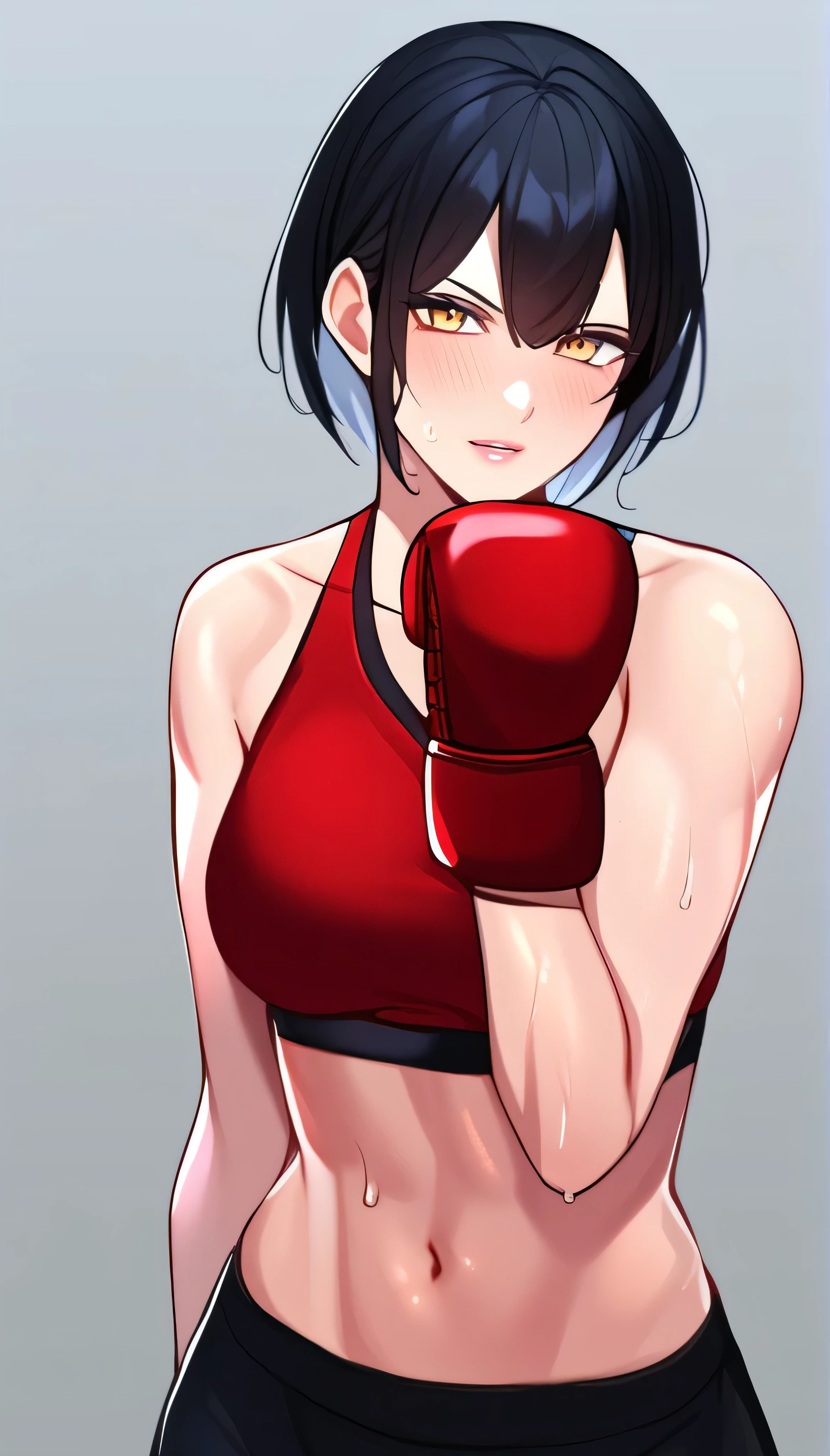 1 girl, black hair,masterpiece,best quality,highres,ultra-detailed,aashizue,yellow eyes,short hair,(sports bra:1.2), boxing gloves, toned, sweating,boxing stance, (sleeveless:1.4)