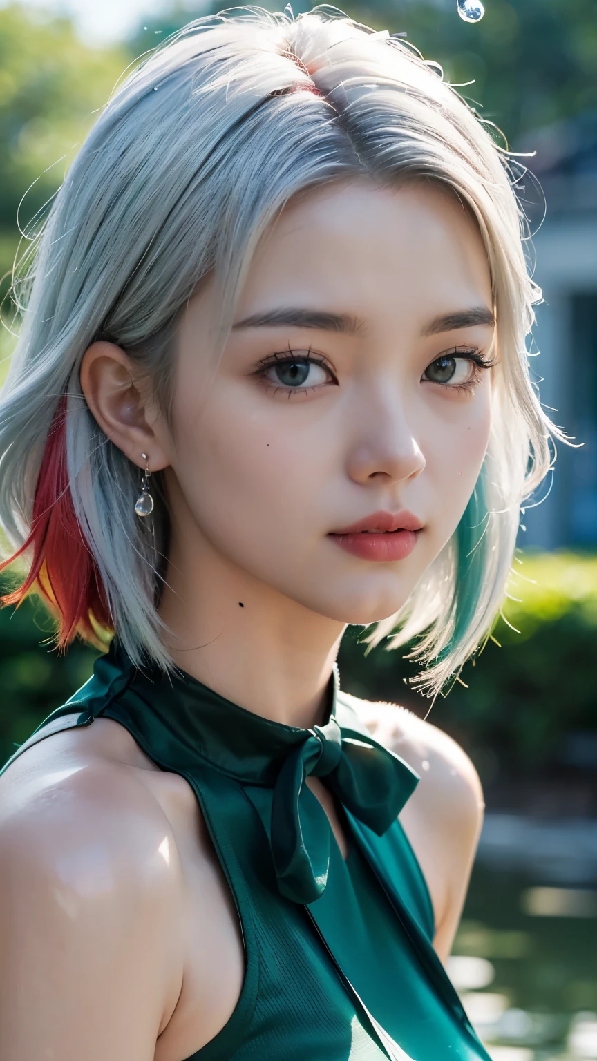 1.5),(1 girl),(dynamic posture),(multicolored hair+silver hair:1.3+red hair:1.2+보라색 hair+hair:1.3+[green hair:1.3),(blue eyes),(neck ribbon),(floating),(cloud),(There are too many water drops),(Dusk),(Watercolor),([Wide range of shots)