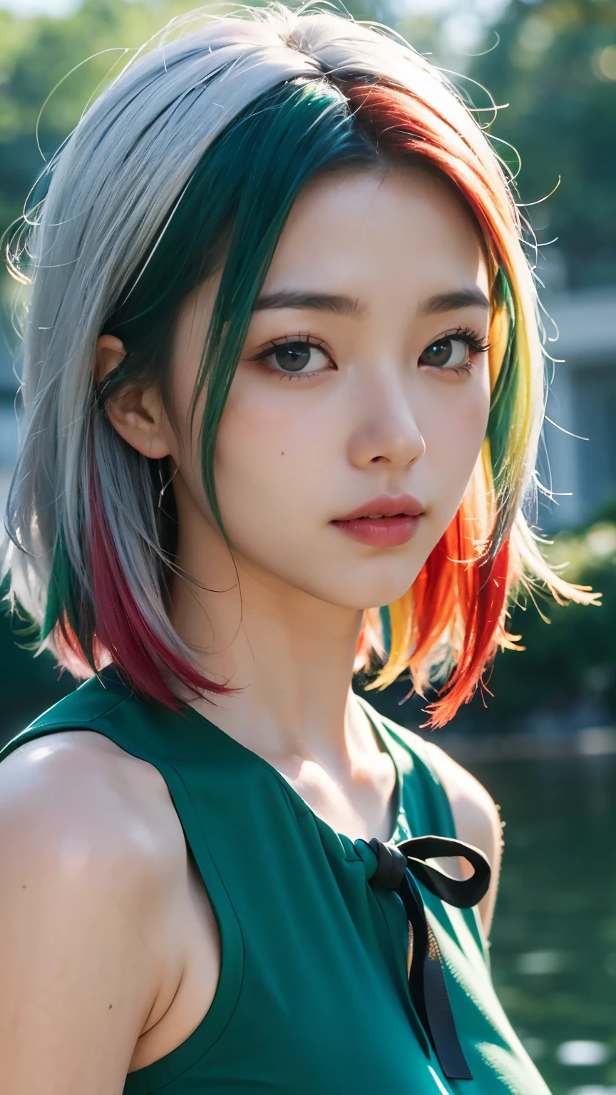 1.5),(1 girl),(dynamic posture),(multicolored hair+silver hair:1.3+red hair:1.2+보라색 hair+hair:1.3+[green hair:1.3),(blue eyes),(neck ribbon),(floating),(cloud),(There are too many water drops),(Dusk),(Watercolor),([Wide range of shots)