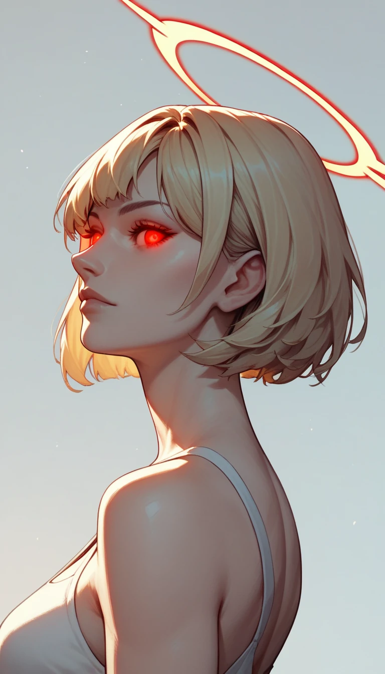 score_9, score_8_up, score_7_up, score_6_up, score_5_up, score_4_up, Alluring girl, adorable and innocent pose, blonde bob cut, red eyes, glowing eyes, halo, side view