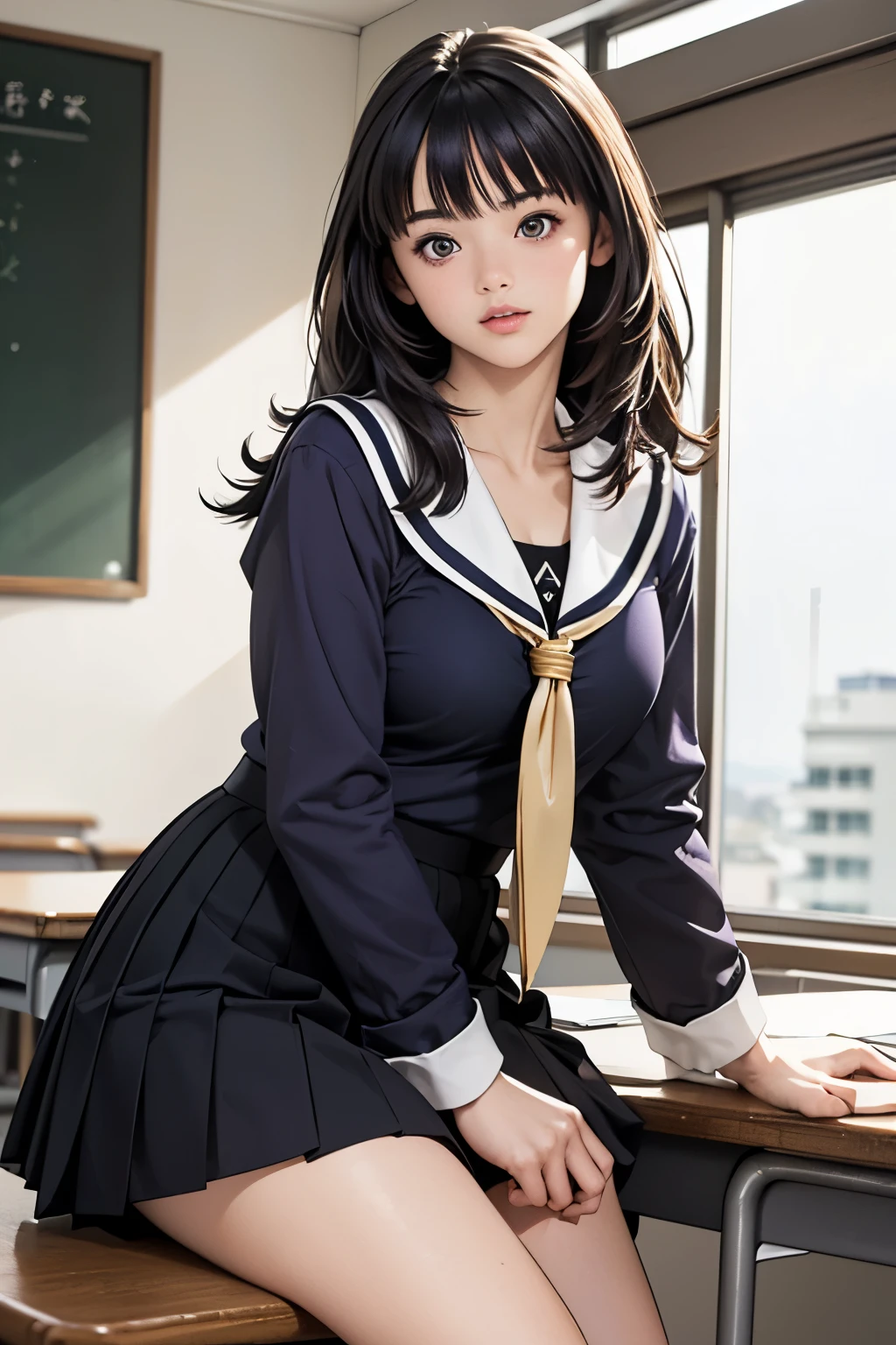 (8k、Highest quality、masterpiece:1.2)、(Realistic、Ultra-detailed、Ultra-high resolution、Beautiful detailed face,Perfect body,(One girl,Long black hair),(school uniform,Sailor suit,[Purple Shirt,Navy Skirt,White Thailand),Sit on a desk,Put your knees on your chest,Cleavage,In the classroom,throw,From the side,underwear