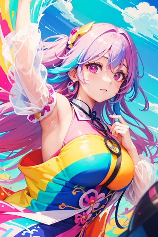 a close up of a woman in a colorful dress on a wave, Few shades , colorfull illustration, Beautiful artwork illustration, Dreamy psychedelic anime, colorful! Character Design, Japan anime, colorful drawing, Beautiful anime artwork,ephemeral, Beautiful anime art
