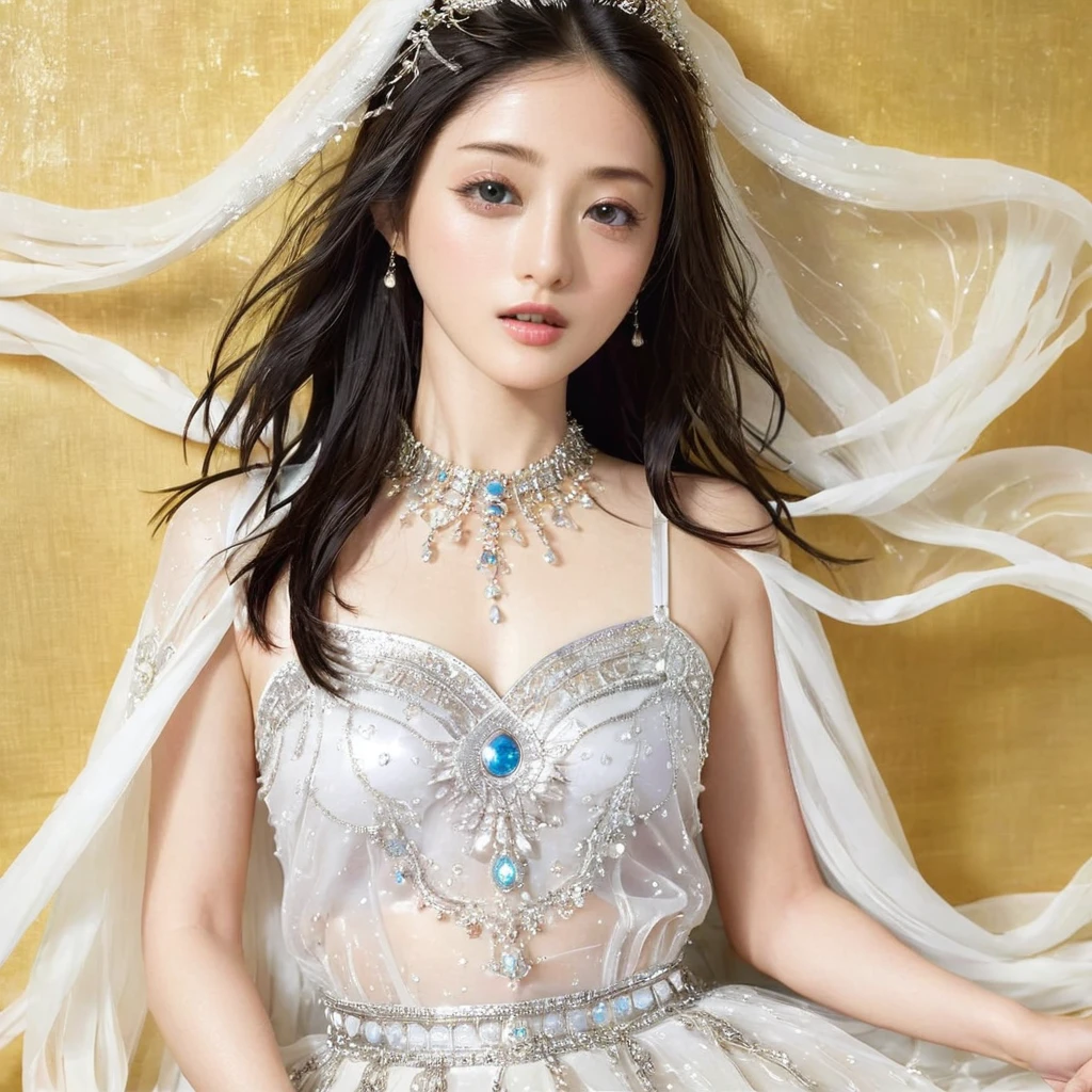 ((Highest quality)), ((masterpiece)), (detailed), （Perfect Face）、The woman is Satomi Ishihara, with black hair, a completely transparent gorgeous dress, gorgeous accessories and no underwear.