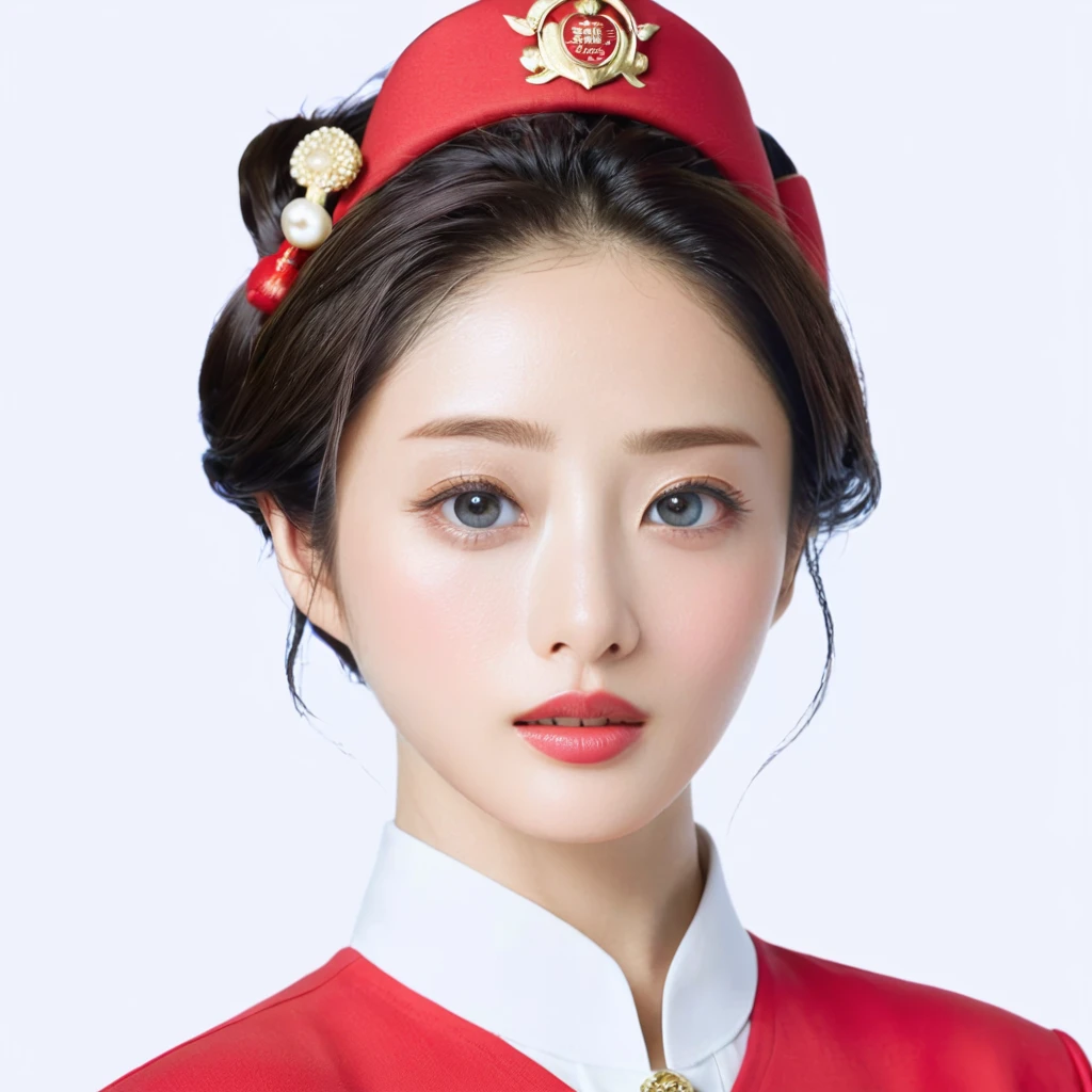 ((Highest quality)), ((masterpiece)), (detailed), （Perfect Face）、The woman is Satomi Ishihara, a flight attendant for the Chinese national airline with black hair and a red uniform.