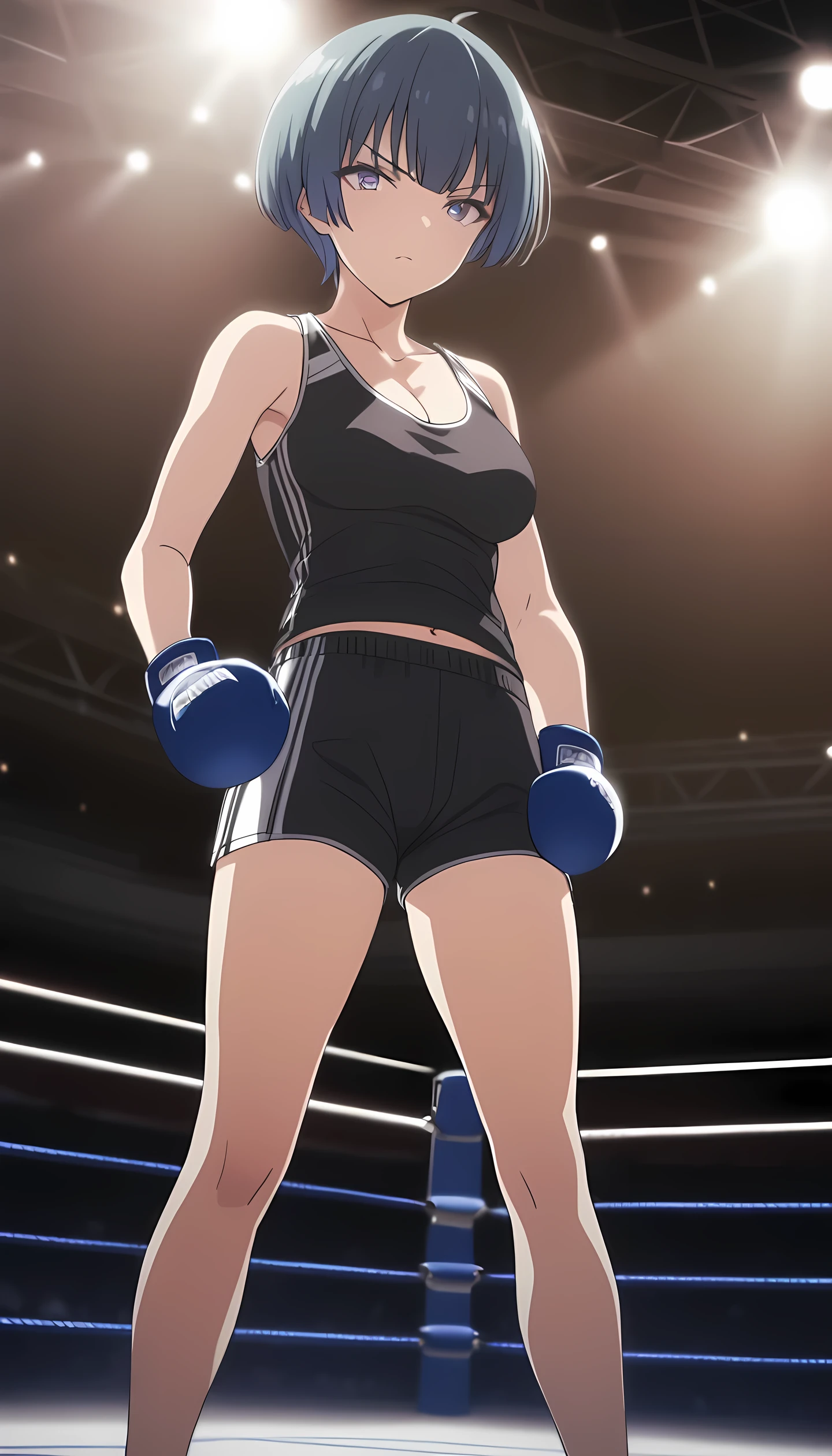 ibuki, 1girl, short hair, bangs, blue hair, purple eyes, midium breast, masterpiece, best quality, (wearing sexy sports wear:1.5, boxing gloves, bare thigh, navel,cleavage), (on MMA Arena :1.5), serious, Toned stomach, long legs, looking at viewer,stage lighting, anime screencap,Ultra HD,Detailed eyes,Detailed face, cowboy shot, fighting, from below,