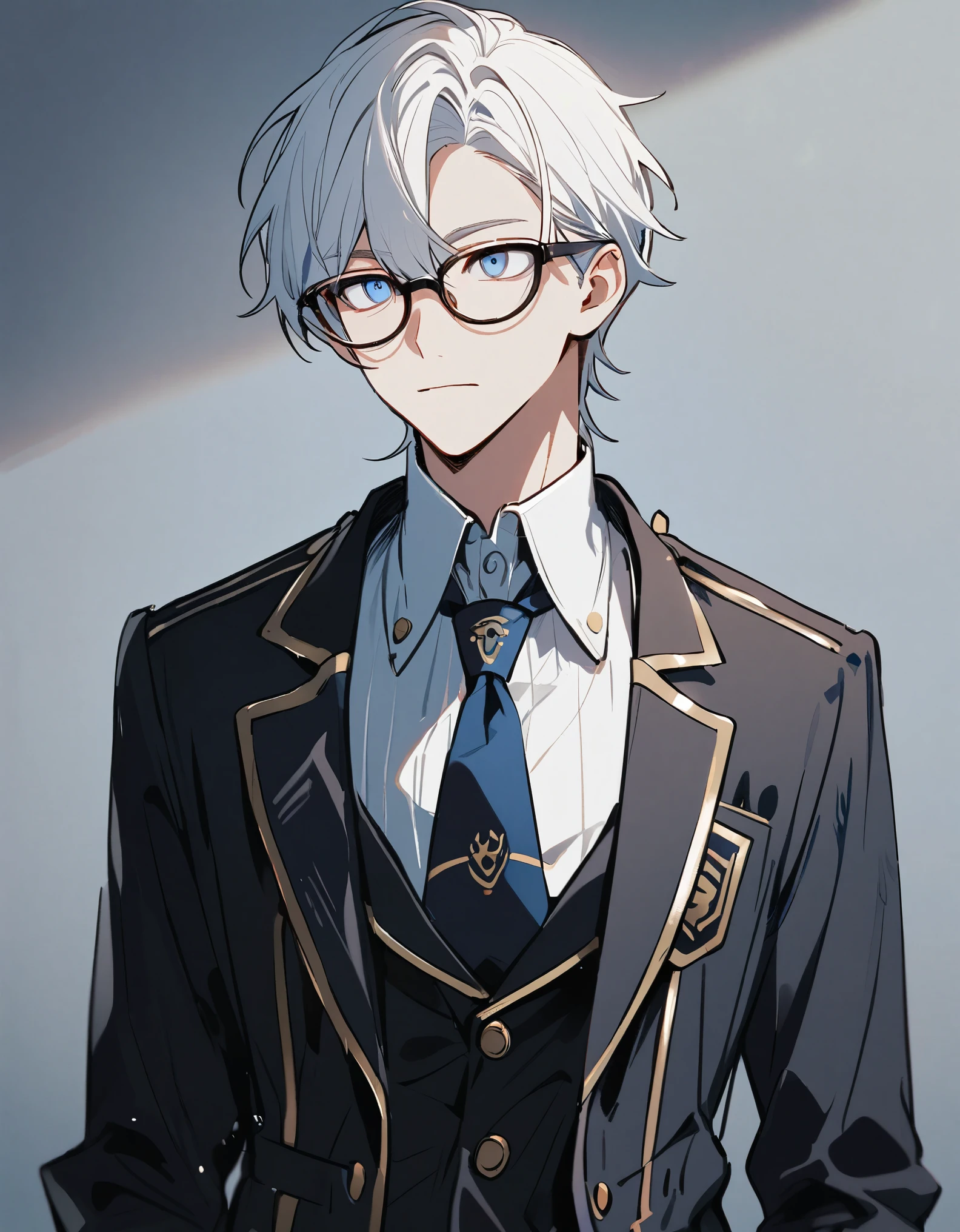 Academy school uniform, emotionless, cool, nerd, 1 male teenager, white hair, blue eyes, upper body, glasses, calm, handsome, standing still